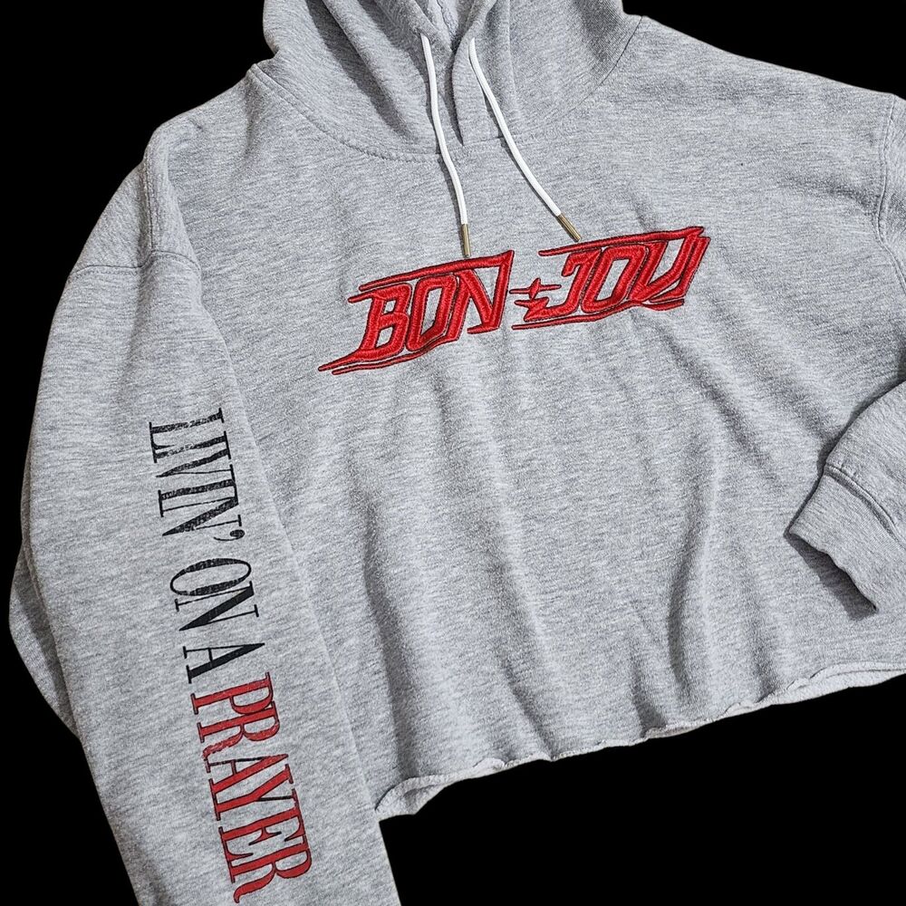 Bon Jovi Livin On A Prayer Official Band Merch Crop Hoodie Sweatshirt Size M